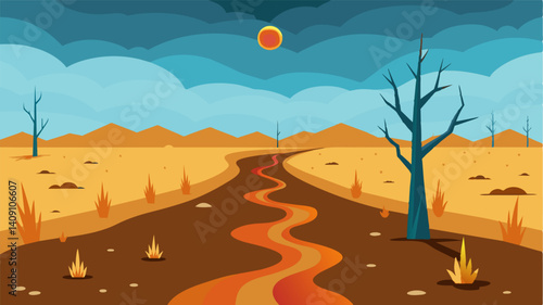 Amidst the burnt stubble and barren land a small stream flowed providing a glimmer of hope for the desperate crops that were struggling to survive.. Vector illustration