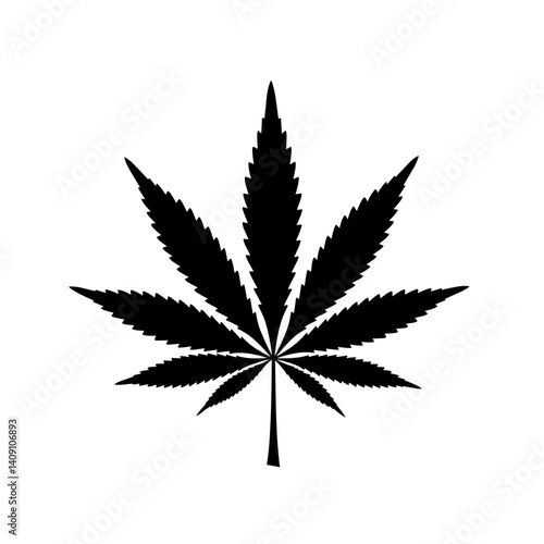 Cannabis leaf icon in sharp black silhouette