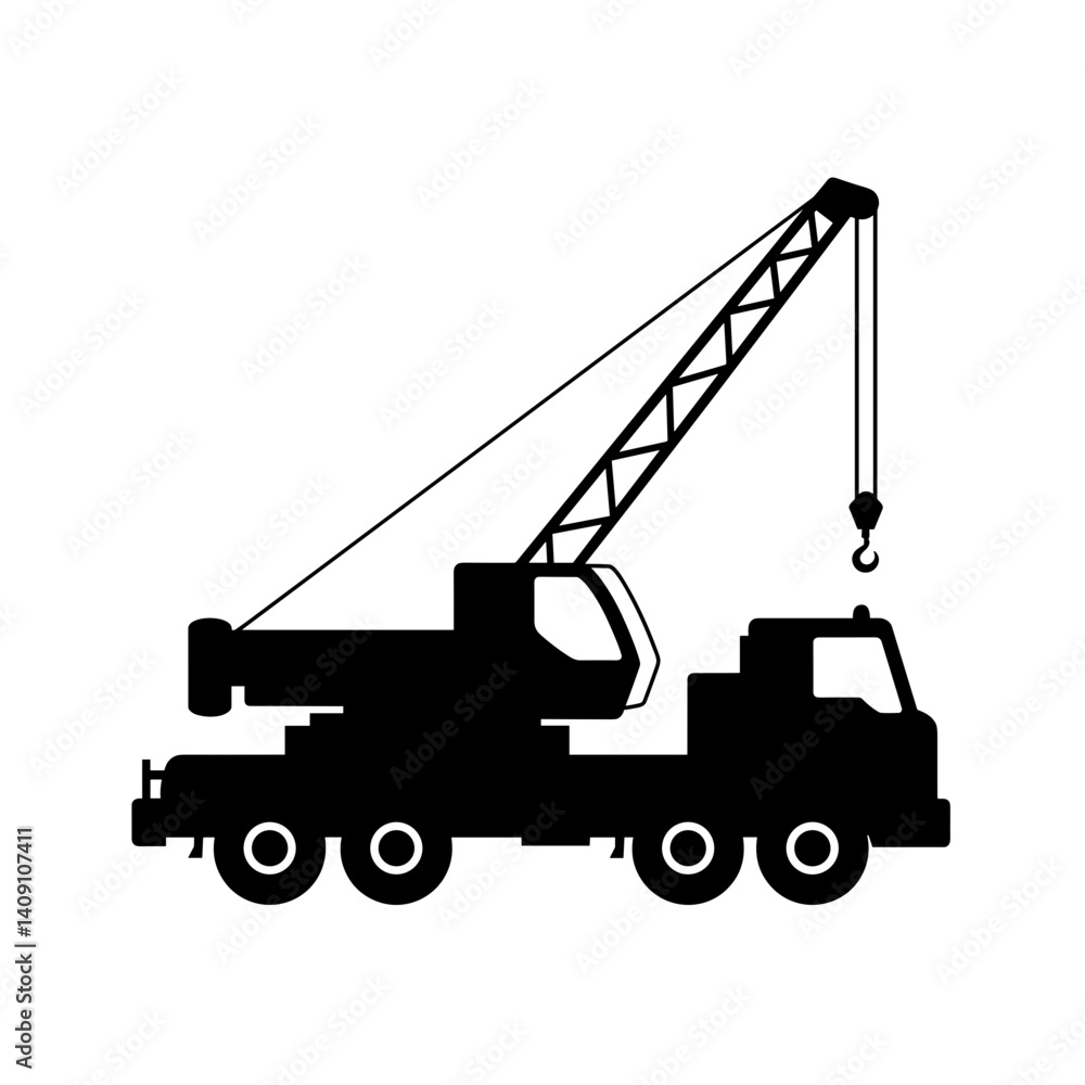 Naklejka premium Construction crane truck icon in black silhouette