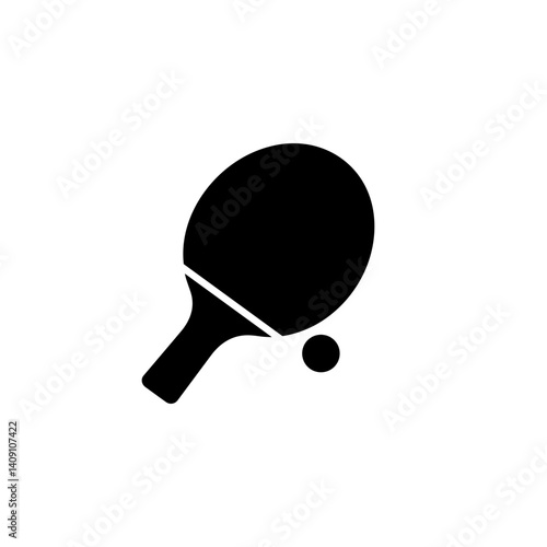 Table tennis paddle and ball icon in black silhouette