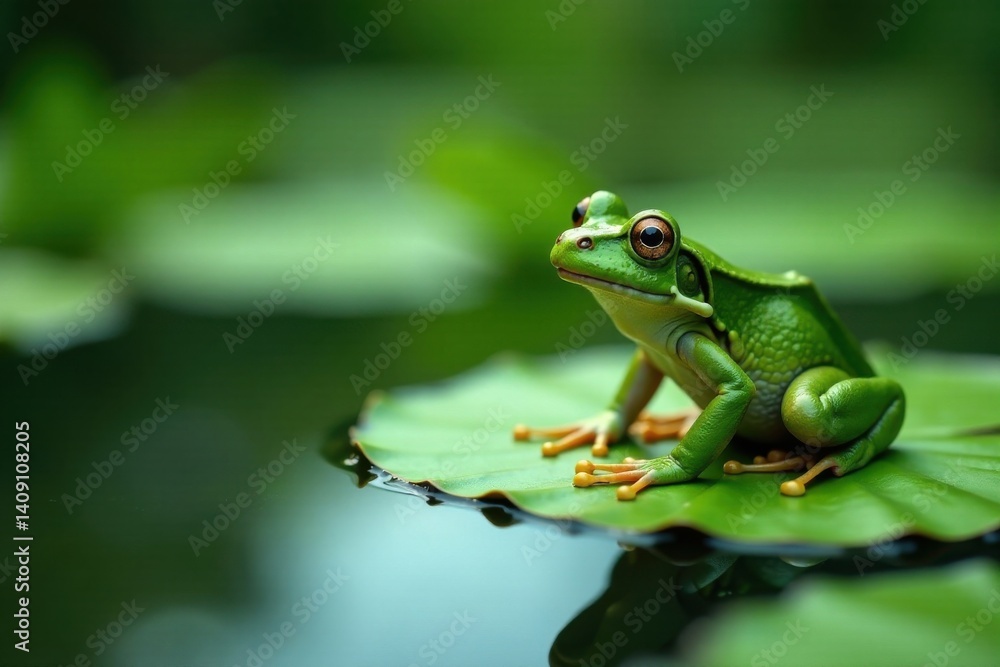 Fototapeta premium Green frog sitting on a lily pad, playful, fun, green frog cartoon