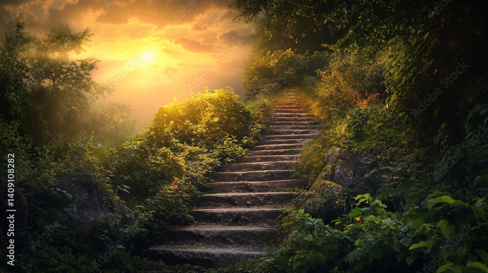 Obraz premium Stone steps ascend through a lush forest at sunset, leading towards a bright, hopeful sky.