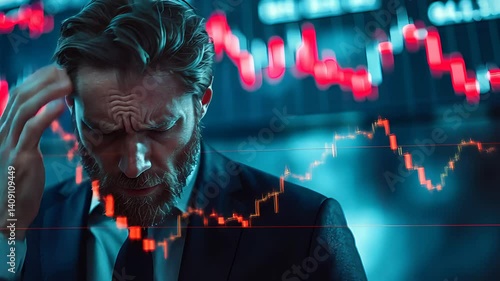 Stressed Businessman in Suit Holding Head with Falling Red Stock Market Graph in Background Showing Financial Crisis


