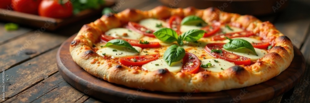 Pan pizza with various toppings on a wooden table , cheese, tomato sauce Pan pizza with various toppings on a wooden table , cheese, tomato sauce