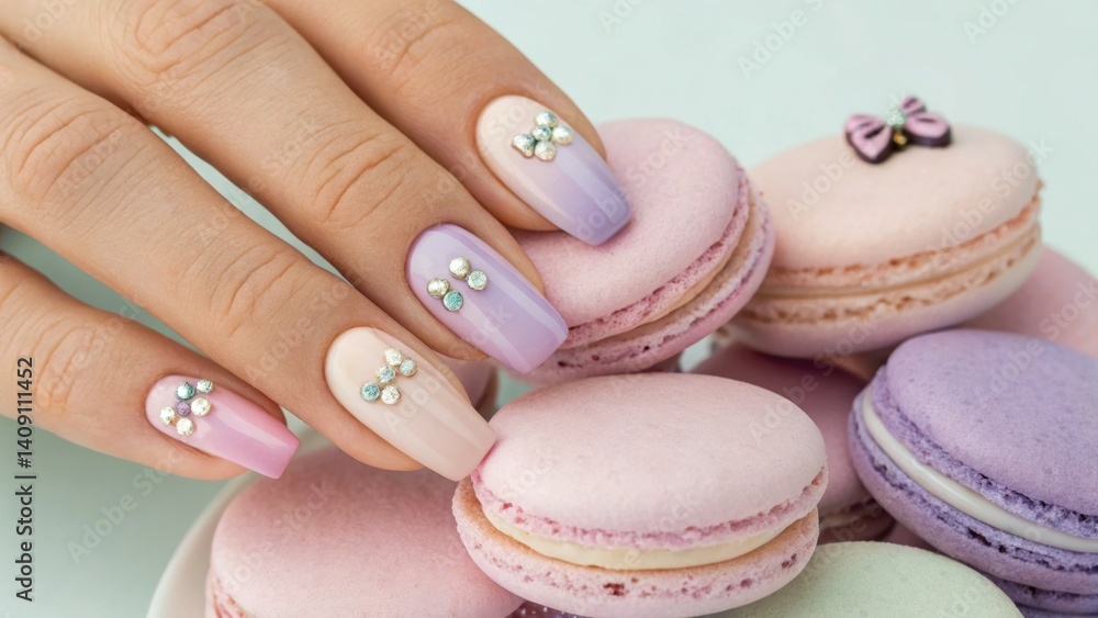 Fototapeta premium Pastel gradient nail art, Minimalist trendy style Stylish nail art alongside colorful macarons on a pastel background.