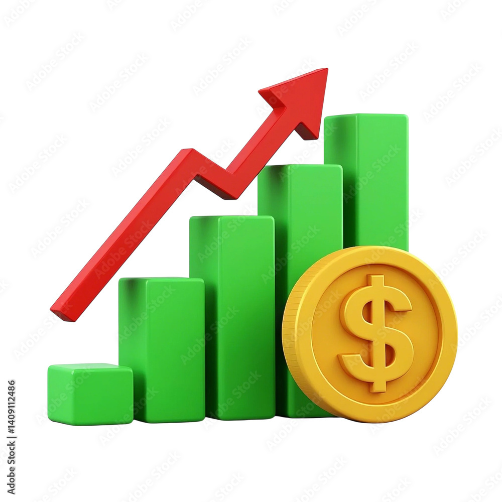 A rising bar graph with an orange dollar symbol and upward arrow, Financial growth and investment return, representing financial growth, economic success, or profit increase in a sleek, 3d icon A rising bar graph with an orange dollar symbol and upward arrow, Financial growth and investment return, representing financial growth, economic success, or profit increase in a sleek, 3d icon