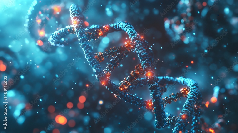 Abstract dna helix structure with glowing orange and blue lights 3d art dark gene code cell energy Abstract dna helix structure with glowing orange and blue lights 3d art dark gene code cell energy