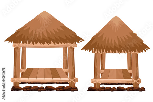 Vector illustration of a wooden hut. Natural wooden house for primitive people