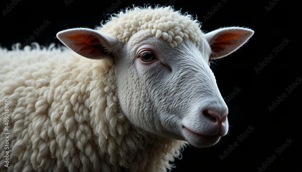Close-up Portrait of a Fluffy White Sheep Against a Black Background