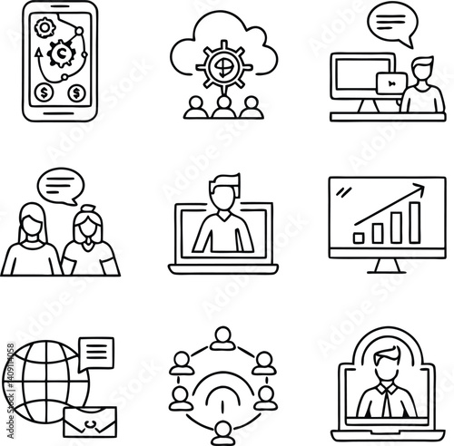 Workshop set of web icons in line style. Business Workshop icons for web and mobile app. Containing team building, teamwork, coaching, meeting, managing, coaching, motivation and more.