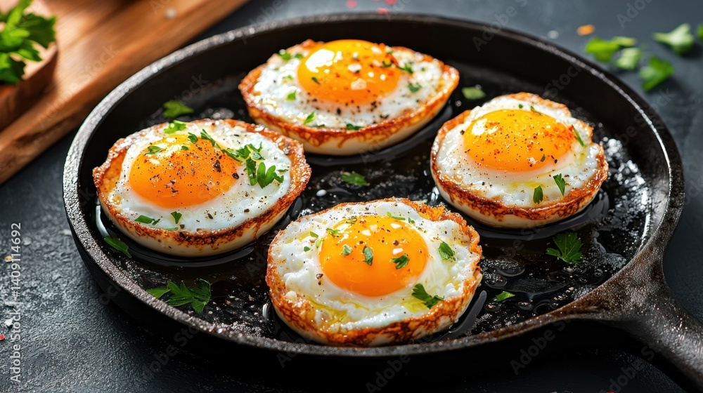 Close-up of a fried egg cooking in oil, golden yolk and crispy edges in a black skillet, mouthwatering breakfast concept. Close-up of a fried egg cooking in oil, golden yolk and crispy edges in a black skillet, mouthwatering breakfast concept.