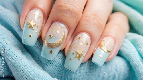 Canvastavla Pastel gradient nail art, Minimalist trendy style Elegant manicure featuring pastel blue nails adorned with stars and moon designs