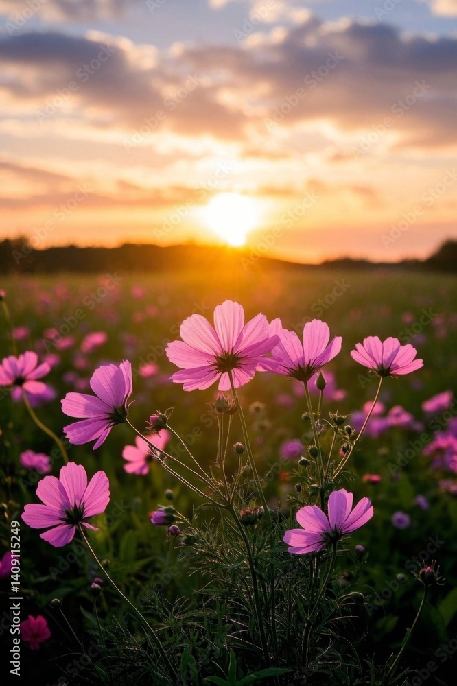 Fototapeta premium purple flowers in a field with the sun setting in the background