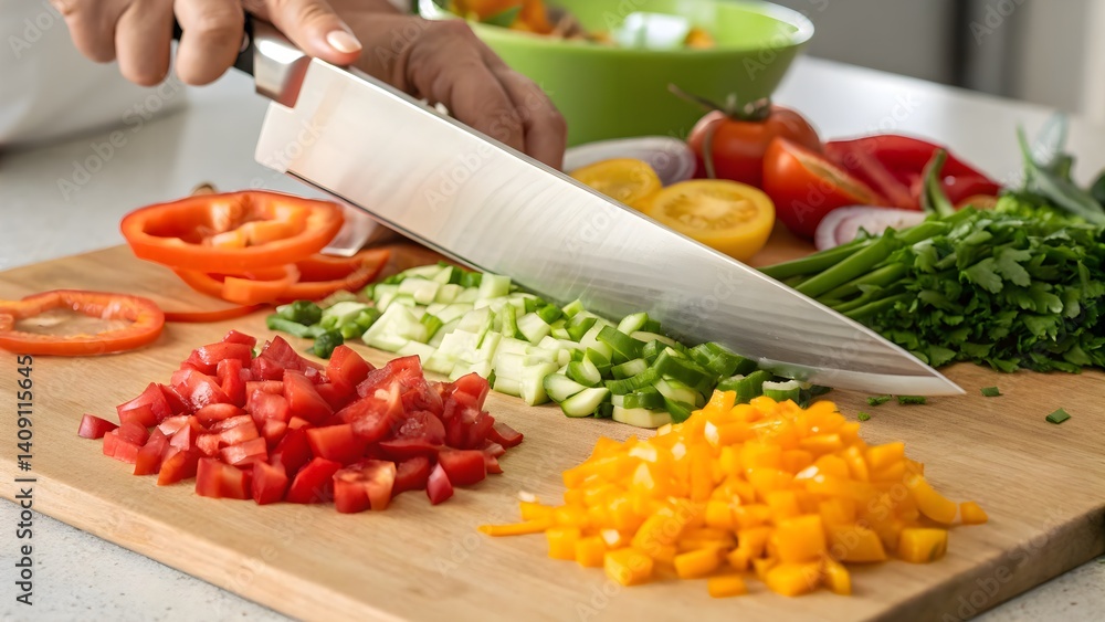 Clean, sharp close-up of a chef’s hands slicing vibrant vegetables with a knife. Suitable for culinary arts, healthy eating, food prep, and gourmet content. Clean, sharp close-up of a chef’s hands slicing vibrant vegetables with a knife. Suitable for culinary arts, healthy eating, food prep, and gourmet content.