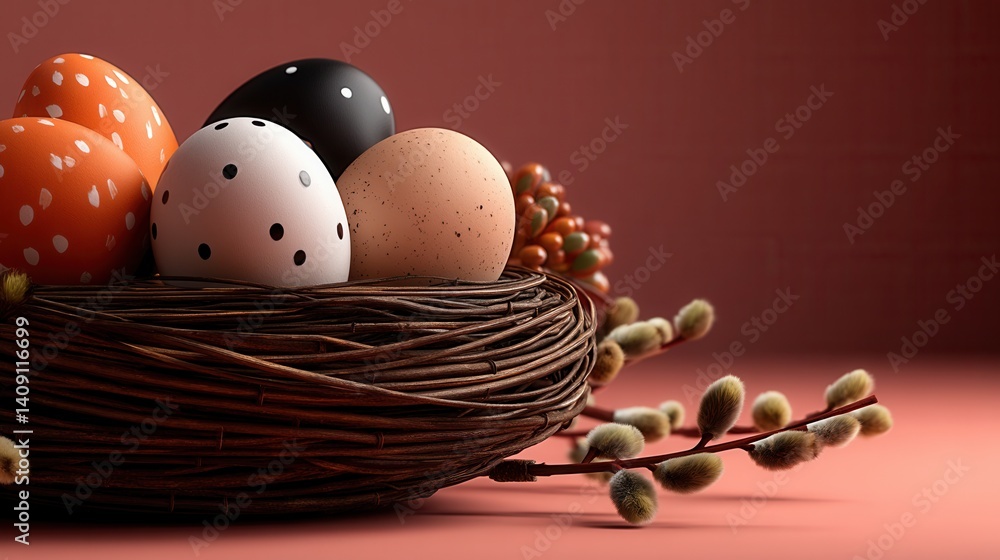 Obraz premium Festive Easter eggs display in woven nest
