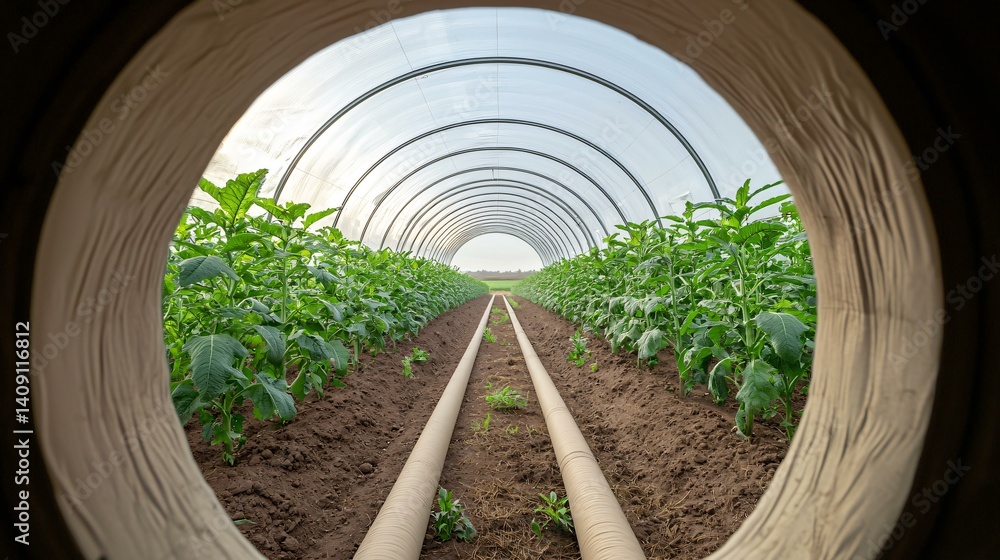 Energy-efficient greenhouse powered by straw biomass system, pipes leading from external fuel unit, surrounded by farmland