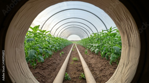 Obraz na płótnie Energy-efficient greenhouse powered by straw biomass system, pipes leading from external fuel unit, surrounded by farmland w salonie