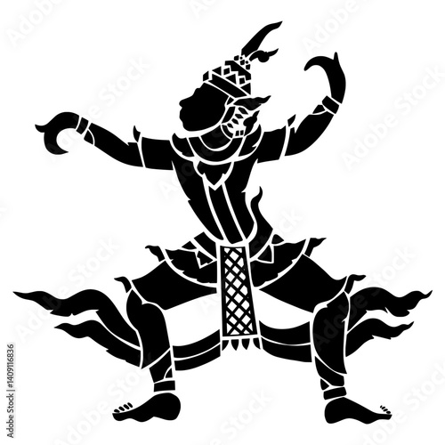vector graphic of a figure in a theatrical pose, reminiscent of Thai classical dance or Khon performance. 
