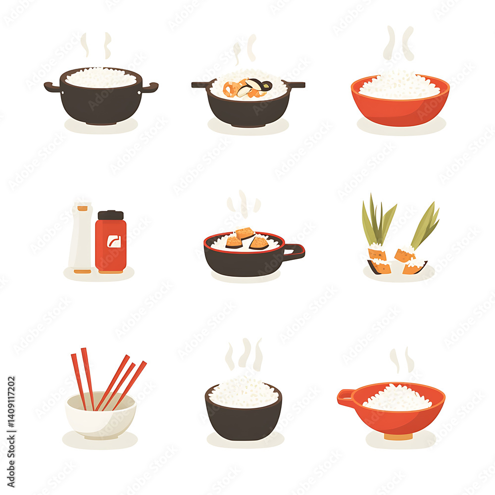 rice-related illustrations and smart farming technologies, focusing on grains, plants, cultivation, and innovative agricultural solutions for commercial use.