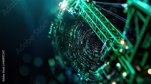 Futuristic crane over digital globe, construction, technology