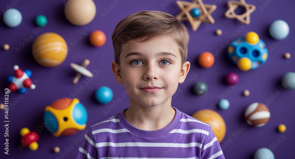 Naklejka premium Caucasian boy on purple theme toys and games space background young kid child portrait design template banner with copy space