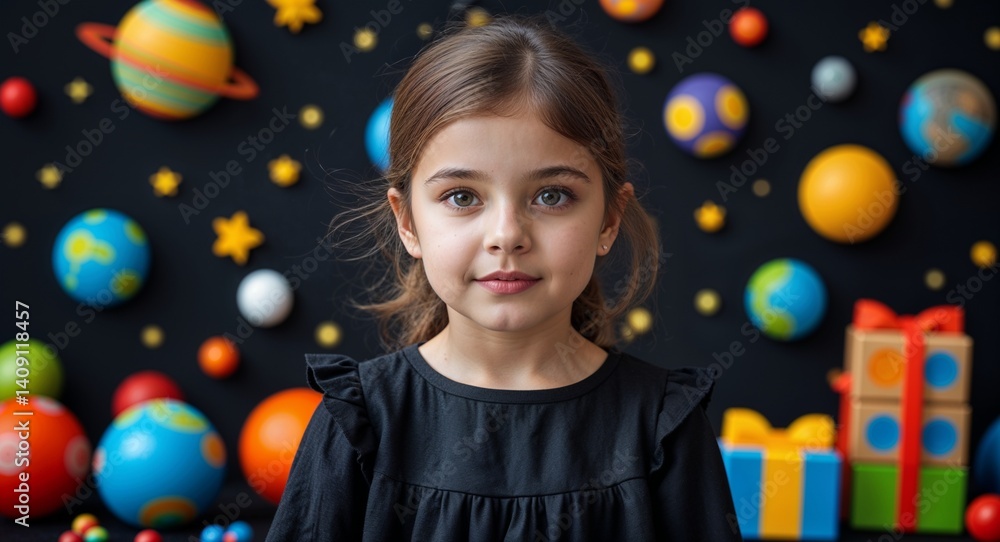 Naklejka premium Caucasian girl on black theme toys and games space background young kid child portrait design template banner with copy space