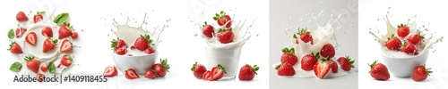 Wallpaper Mural Circular creamy milk or yoghurt splash with strawberry slices and leaves, isolate on white background. Mix Torontodigital.ca