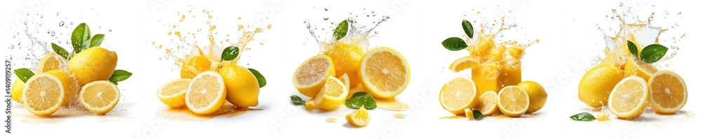 Lemon splashing in caramel glaze, isolate on white background. Mix Lemon splashing in caramel glaze, isolate on white background. Mix