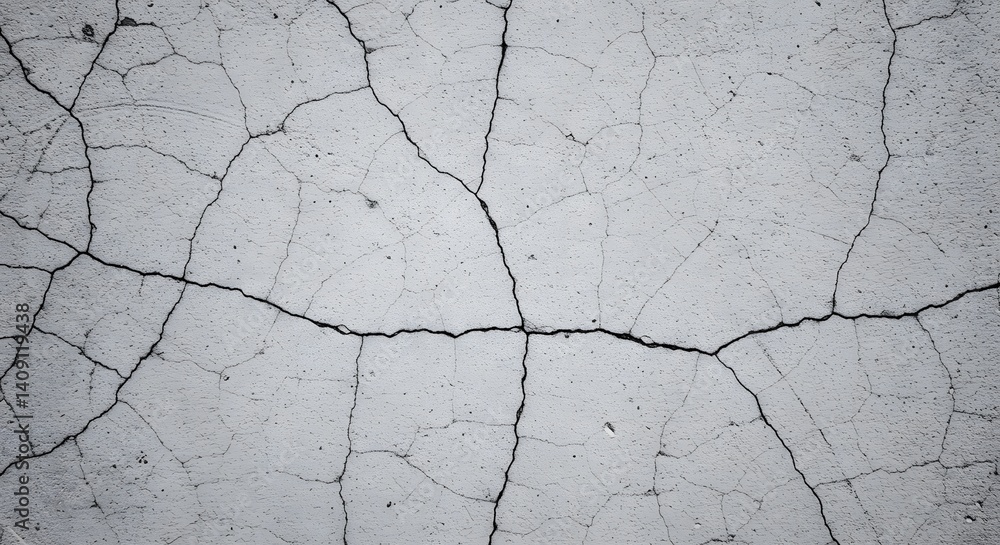 Fototapeta premium ai image displaying a textured grey concrete or plaster wall surface covered in intricate cracks, creating an abstract background pattern.