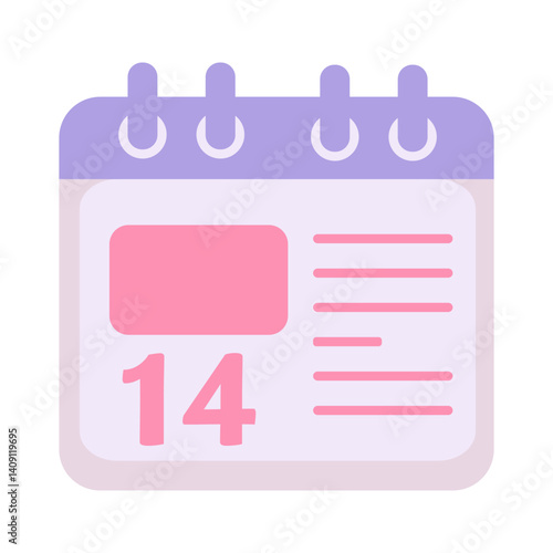 Flat illustration of a pink calendar with heart-marked February 14. Ideal for Valentine’s Day designs, romantic reminders, special events, holiday graphics, or love-themed creative projects.