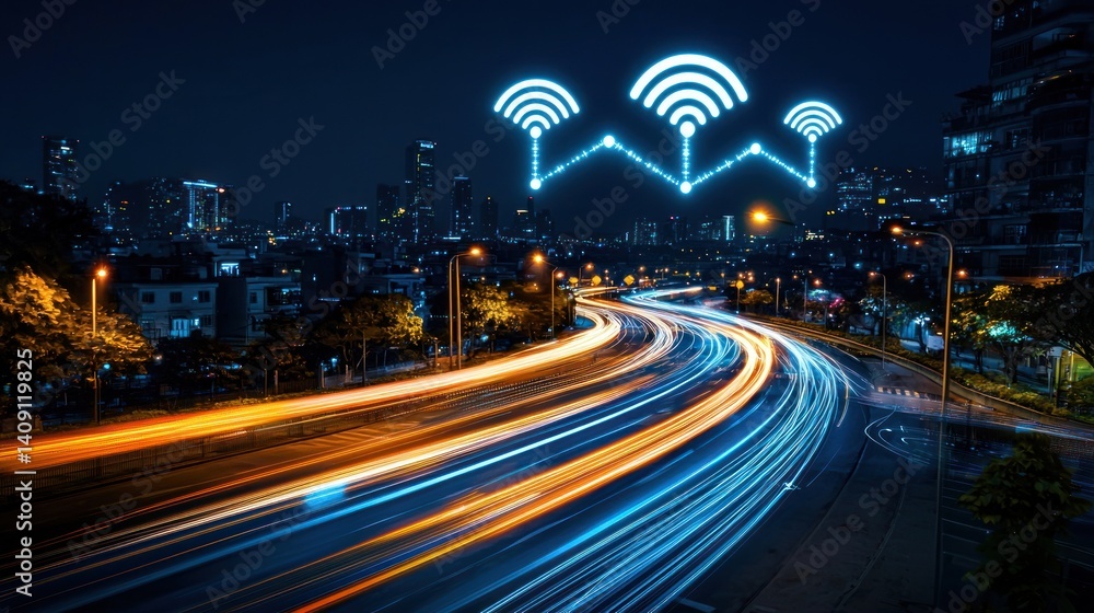 Fototapeta premium Wireless Network Cityscape at Night