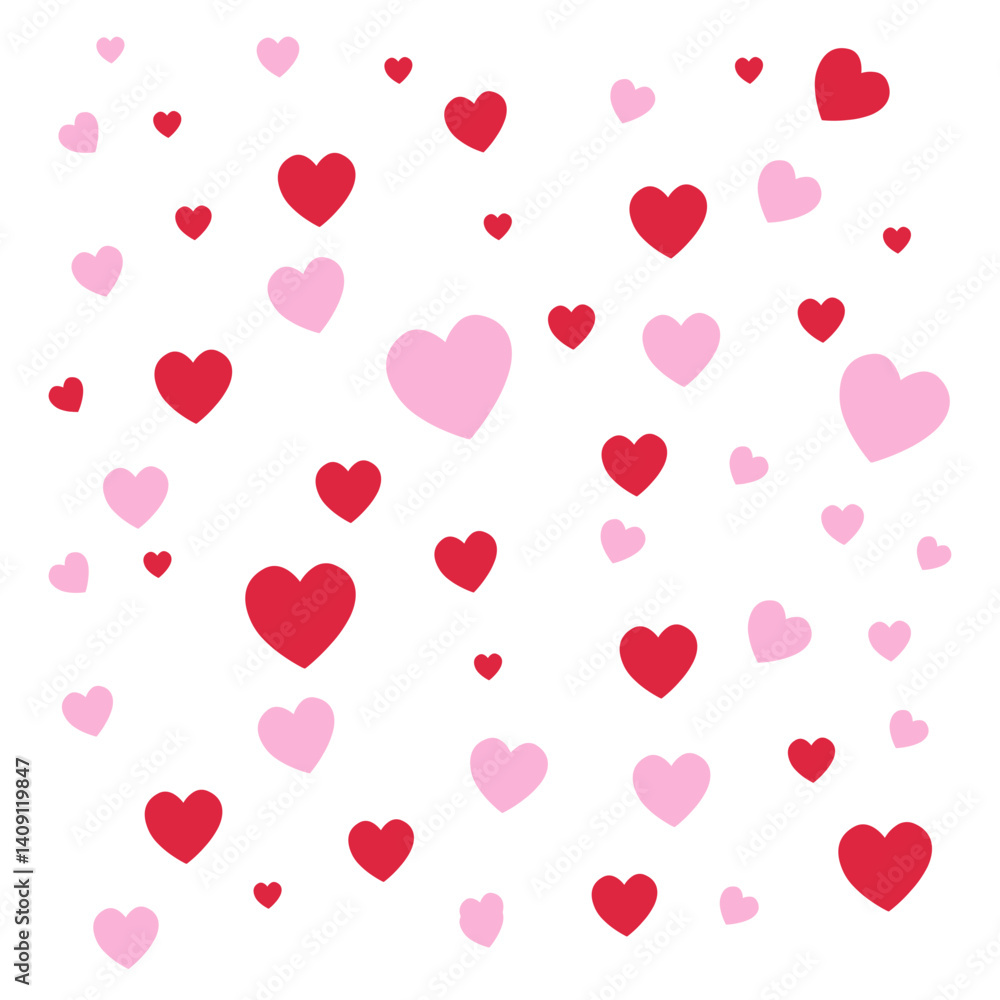 Flat illustration of falling pink and red hearts, perfect for Valentine’s Day, romantic designs, greeting cards, love-themed decorations, or expressing affection and sweet emotions visually. Flat illustration of falling pink and red hearts, perfect for Valentine’s Day, romantic designs, greeting cards, love-themed decorations, or expressing affection and sweet emotions visually.