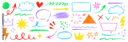 Kid color pencil hand drawn line element set. Chalk pencil hand drawn doodle sketch texture color kid crayon arrow, heart, cloud shape set. Texture chalk, crayon pencil style. Vector illustration
