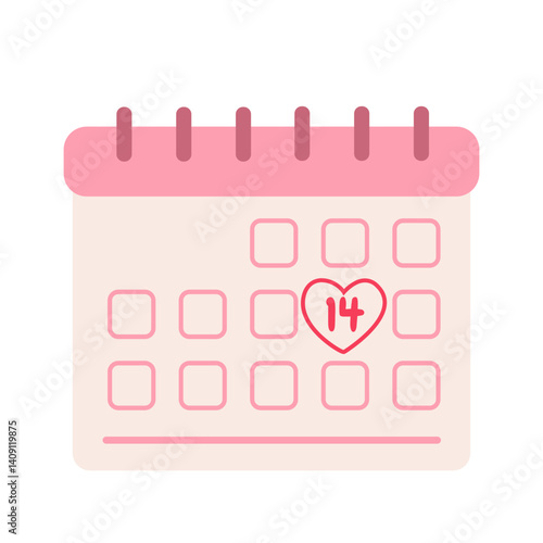 Flat illustration of a pink calendar with heart-marked February 14. Ideal for Valentine’s Day designs, romantic reminders, special events, holiday graphics, or love-themed creative projects.