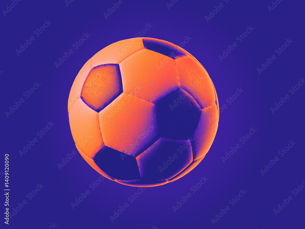 Naklejka premium Soccer ball on dark background in vibrant orange violet colors. 3d render
