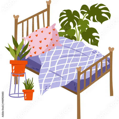 vector illustration of a bed with plant pots beside it