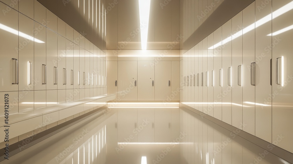Obraz premium 31.A clean and modern locker room interior with sleek white cabinets arranged symmetrically, polished flooring reflecting the bright ambient lighting, and a minimalist design aesthetic.