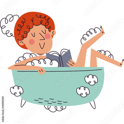 vector illustration of a woman relaxing and reading a book in bath tub