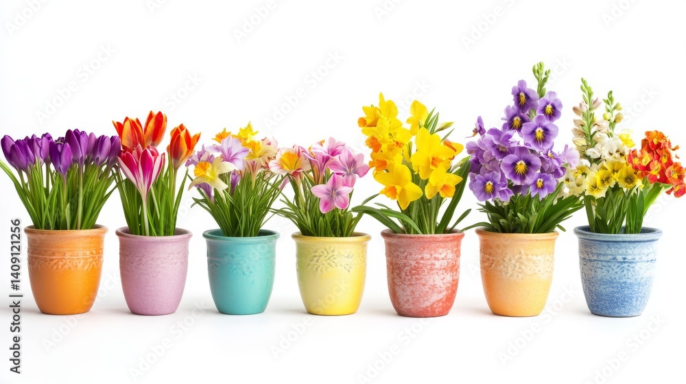 Obraz premium 51.A colorful arrangement of various flower pots featuring crocuses, tulips, lilies, violets, orchids, daffodils, roses, and gladiolus, each pot uniquely decorated and placed on a seamless white