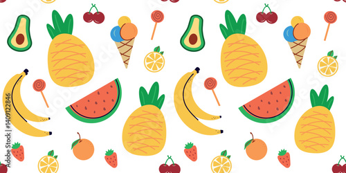 Seamless pattern with summer fruits. banana, lemon, watermelon, avoado, flat children's background with dessert, food. graphics for print, holidays, wallpaper, banners, surface texture, fabric. vector