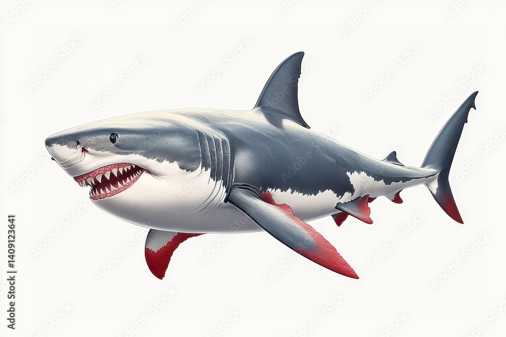 Fototapeta premium Detailed Great White Shark Illustration Gray and White with Red Fins