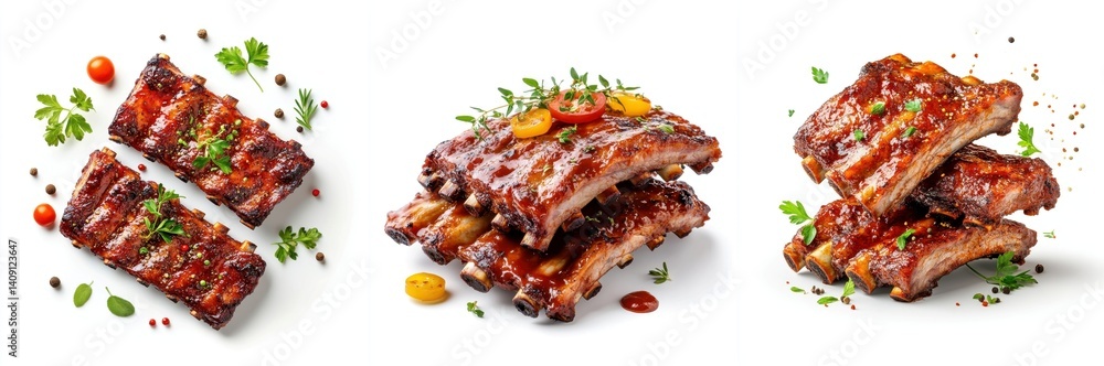 BBQ ribs flying, spices and herbs, isolate on white background. BBQ ribs flying, spices and herbs, isolate on white background.