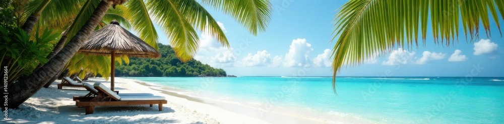 Fototapeta premium Seaside retreat under palm fronds and swaying palms in a tropical climate, palm, seaweed