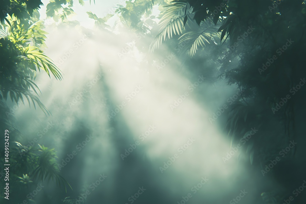 Naklejka premium Mysterious forest with sun rays and fog, filtered background.