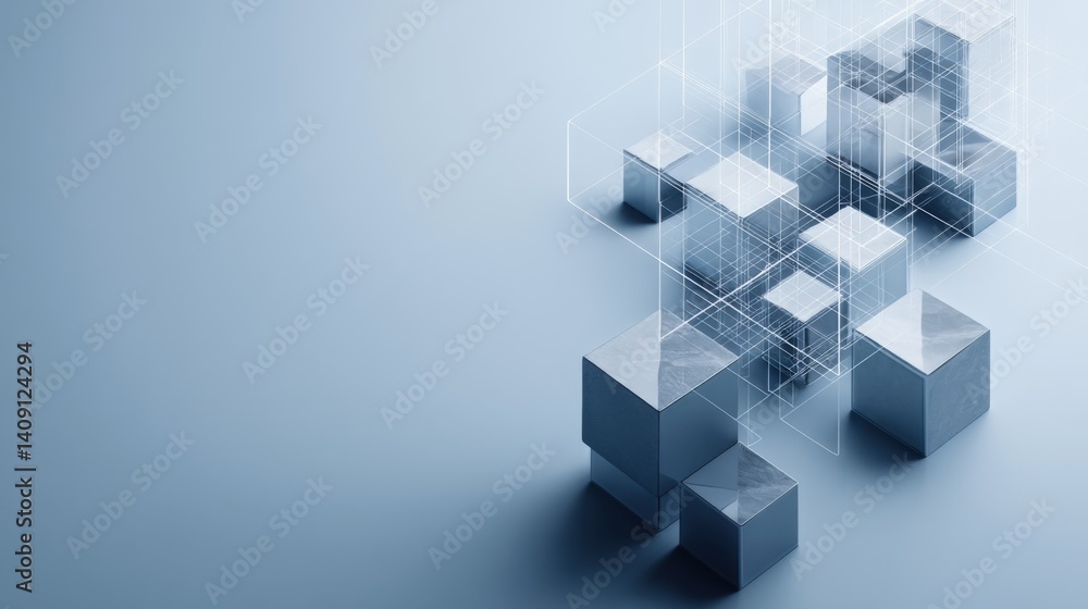 Abstract futuristic cubes and digital lines on a light blue background, a technology concept for business or industry design with copy space. Abstract futuristic cubes and digital lines on a light blue background, a technology concept for business or industry design with copy space.