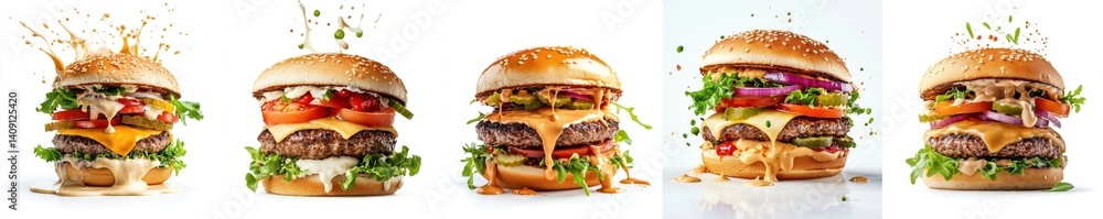 Hamburger splashing, mayonnaise, isolate on white background. Hamburger splashing, mayonnaise, isolate on white background.