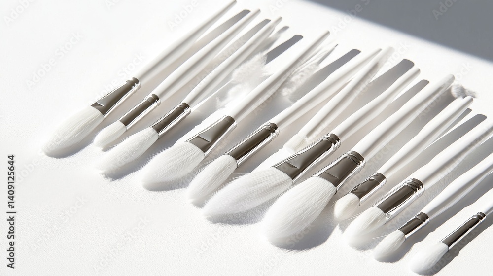 23.A set of clean, professional artist brushes in varying sizes and shapes, aligned on a bright white surface, with soft lighting enhancing their sleek and minimal aesthetic. 23.A set of clean, professional artist brushes in varying sizes and shapes, aligned on a bright white surface, with soft lighting enhancing their sleek and minimal aesthetic.