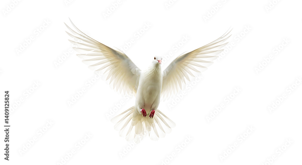 A white dove with wings spread wide against a black background in a frontal view of the bird A white dove with wings spread wide against a black background in a frontal view of the bird