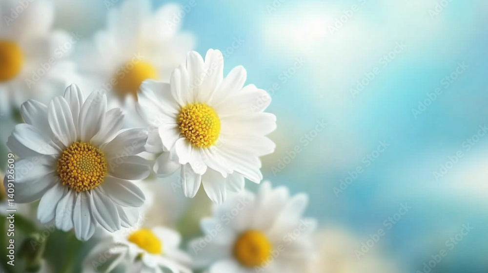 Fototapeta premium Close-up of delicate daisies with a blurred summer sky in the background, soft-focus effect