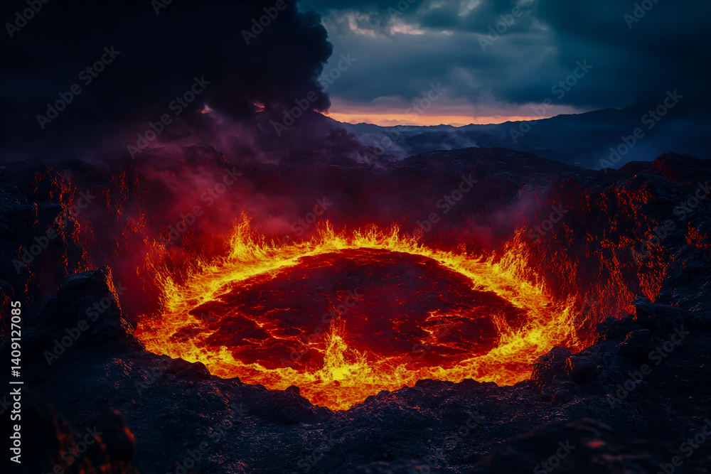 A vast abyss in the Earth filled with molten lava and jagged rocks, depicted in a fantasy art style, with a dark, mysterious sky in shades of deep blue and purple. A vast abyss in the Earth filled with molten lava and jagged rocks, depicted in a fantasy art style, with a dark, mysterious sky in shades of deep blue and purple.